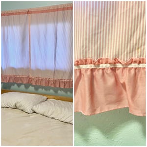 Vintage curtain, striped pink with ruffled bottom, semi-opaque SINGLE PANEL