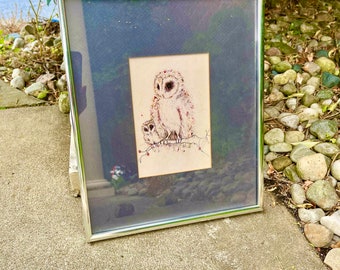ヴィンテージの額入りメンフクロウの絵、シロフクロウの絵、手描きのアート