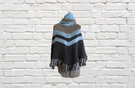 Vintage hand knit matching poncho and beanie, cap… - image 1