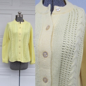 1960s pastel yellow cardigan sweater, cable knit, acrylic, M/L
