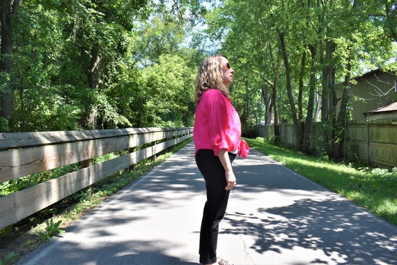 Vintage 1990s hot pink oversized silk blouse, sma… - image 2