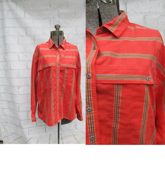 1980s unisex oversized striped shirt, coral with … - image 1