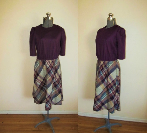 1980s school teacher plum dress with plaid skirt … - image 1