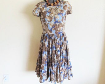 1960s handmade vintage square dance dress, full skirt dress, floral print