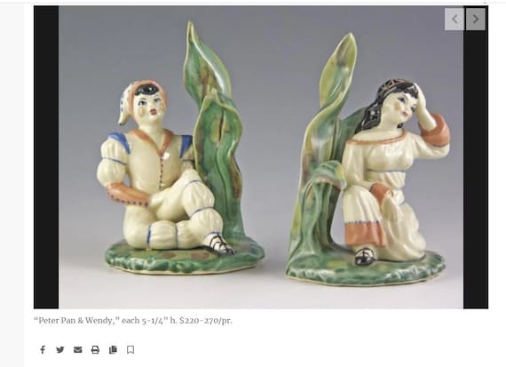 Vintage 1940s Midcentury Figurines, Peter Pan and Wendy, Ceramic