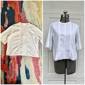 Vintage women&#39;s white blouse with lace bib Large