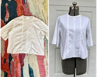 Blusa blanca vintage de mujer con pechera de encaje talla grande