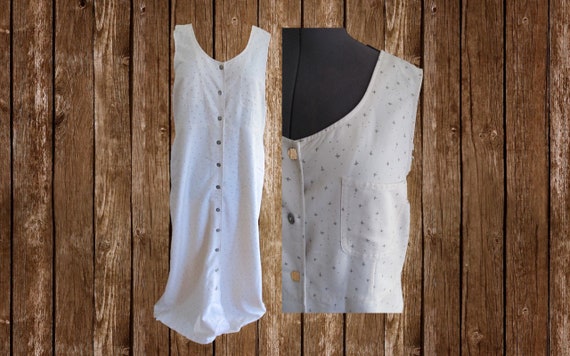 1990s vintage white pinafore maxi dress with gray