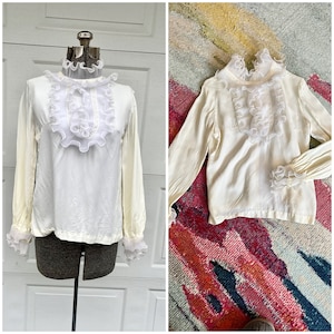 Vintage women&#39;s cream blouse, with frilly bib, Victorian style blouse Small