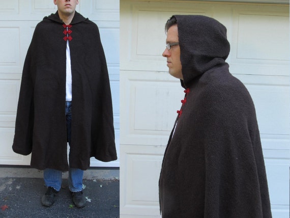 Mens vintage wool cape with red closure, heavy br… - image 1