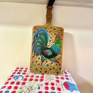 Vintage handpainted MCM rooster wooden cutting board