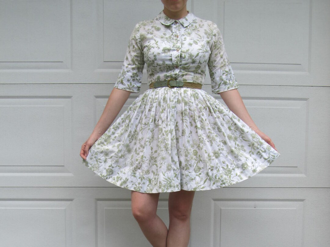 1950s Cos Cob shirt dress with RARE original belt and green nature print, vintage full skirt