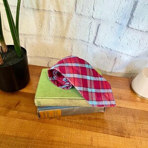 Mens vintage red and blue plaid cotton tie