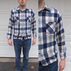 1960s mens plaid flannel jacket, plaid flannel shirt, plaid jacket, Large, navy blue, light blue