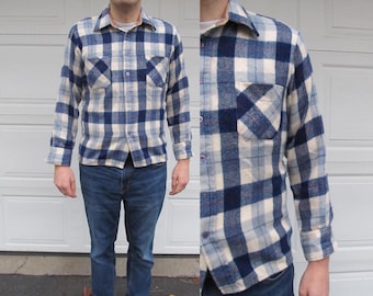 Chaqueta de franela a cuadros para hombre, años 60, camisa de franela a cuadros, chaqueta a cuadros, talla grande, azul marino, azul claro