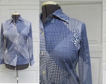 1970s womens blouse with blue and white groovy flower pattern, checkered shirt