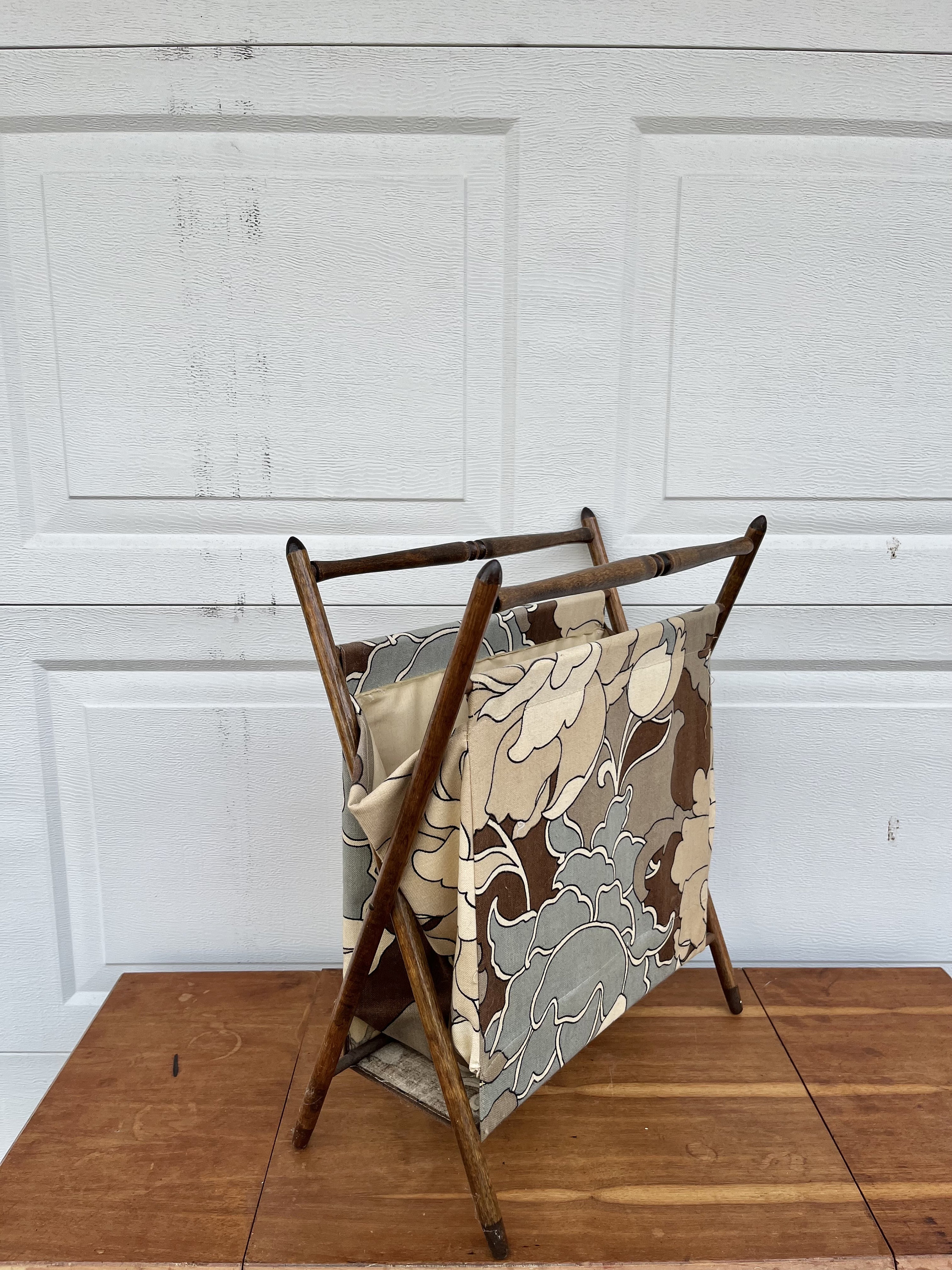 Vintage Midcentury Cloth Folding Magazine Rack Gray, Brown, Taupe