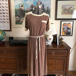 1980s vintage terry cloth dress in brown and cream, S/XS, midi dress