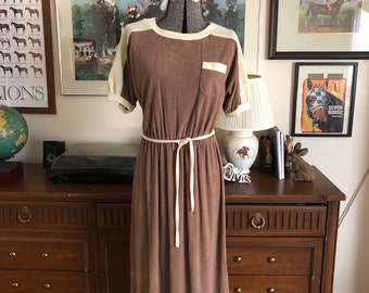 1980s vintage terry cloth dress in brown and cream, S/XS, midi dress