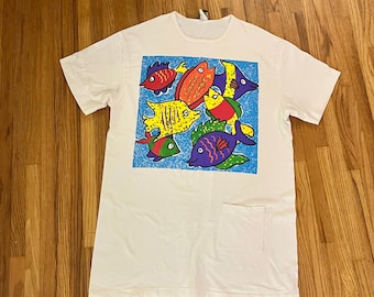 1990s vintage women's oversized T shirt with colorful fish
