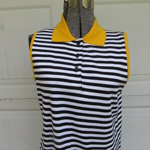 1990s vintage sleeveless polo shirt dress, black and white stripe with yellow collar, M image 3