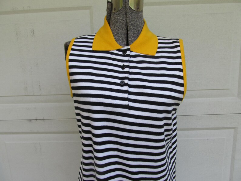 1990s vintage sleeveless polo shirt dress, black and white stripe with yellow collar, M image 3