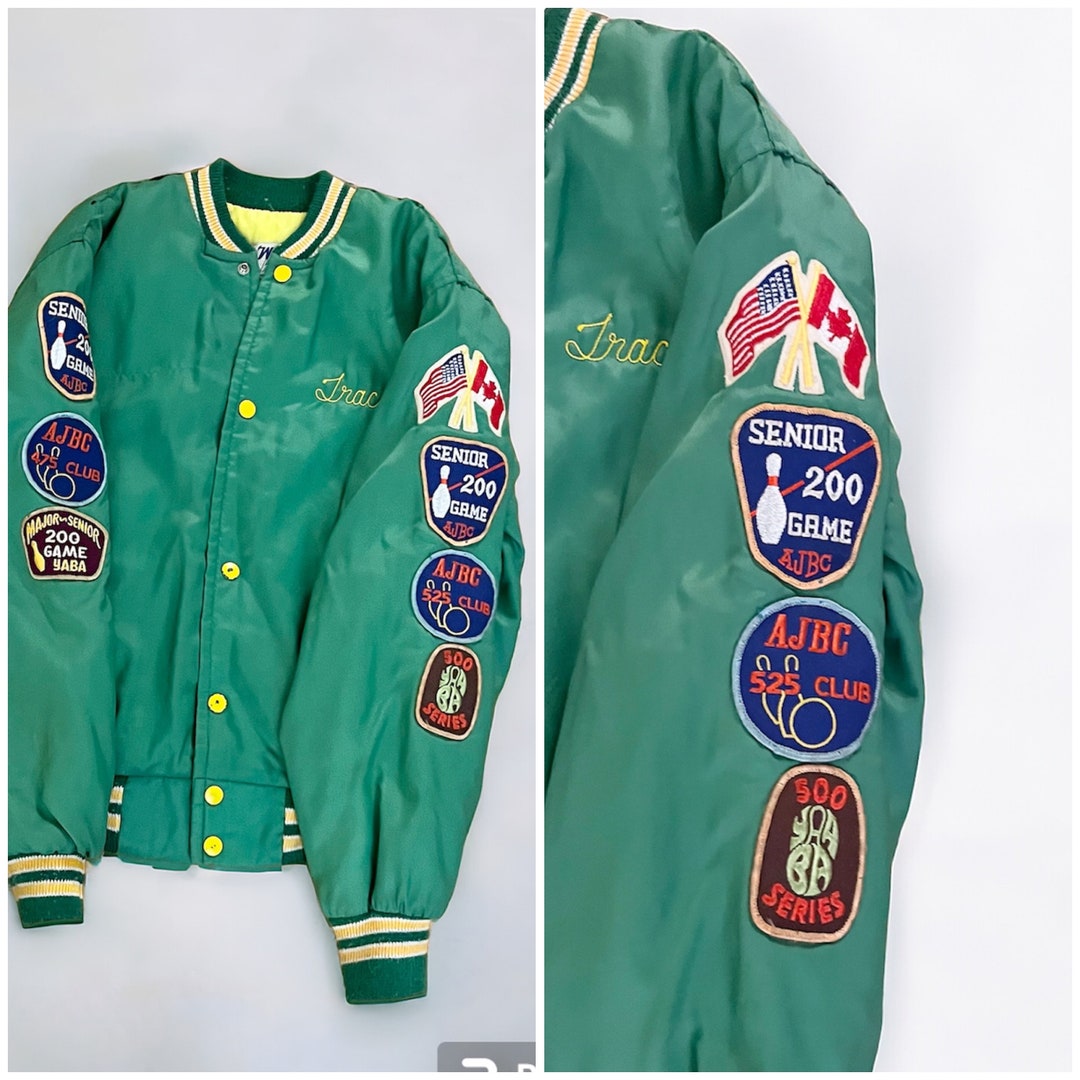1970s Green Satin Varsity Jacket With Bowling Patches Toledo Hockey