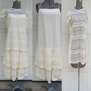 1970s vintage lace dress, cream lace sheer blouse with lace slip, two piece dress, boho dress, M image 1