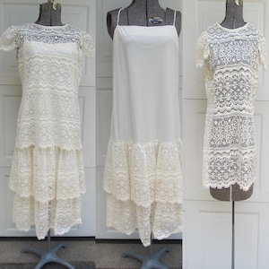 1970s vintage lace dress, cream lace sheer blouse with lace slip, two piece dress, boho dress, M