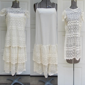 1970s vintage lace dress, cream lace sheer blouse with lace slip, two piece dress, boho dress, M image 1