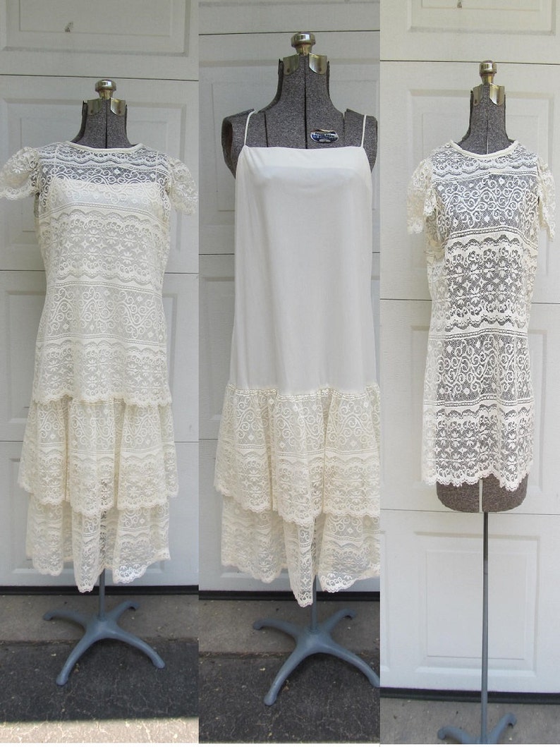 1970s vintage lace dress, cream lace sheer blouse with lace slip, two piece dress, boho dress, M image 1