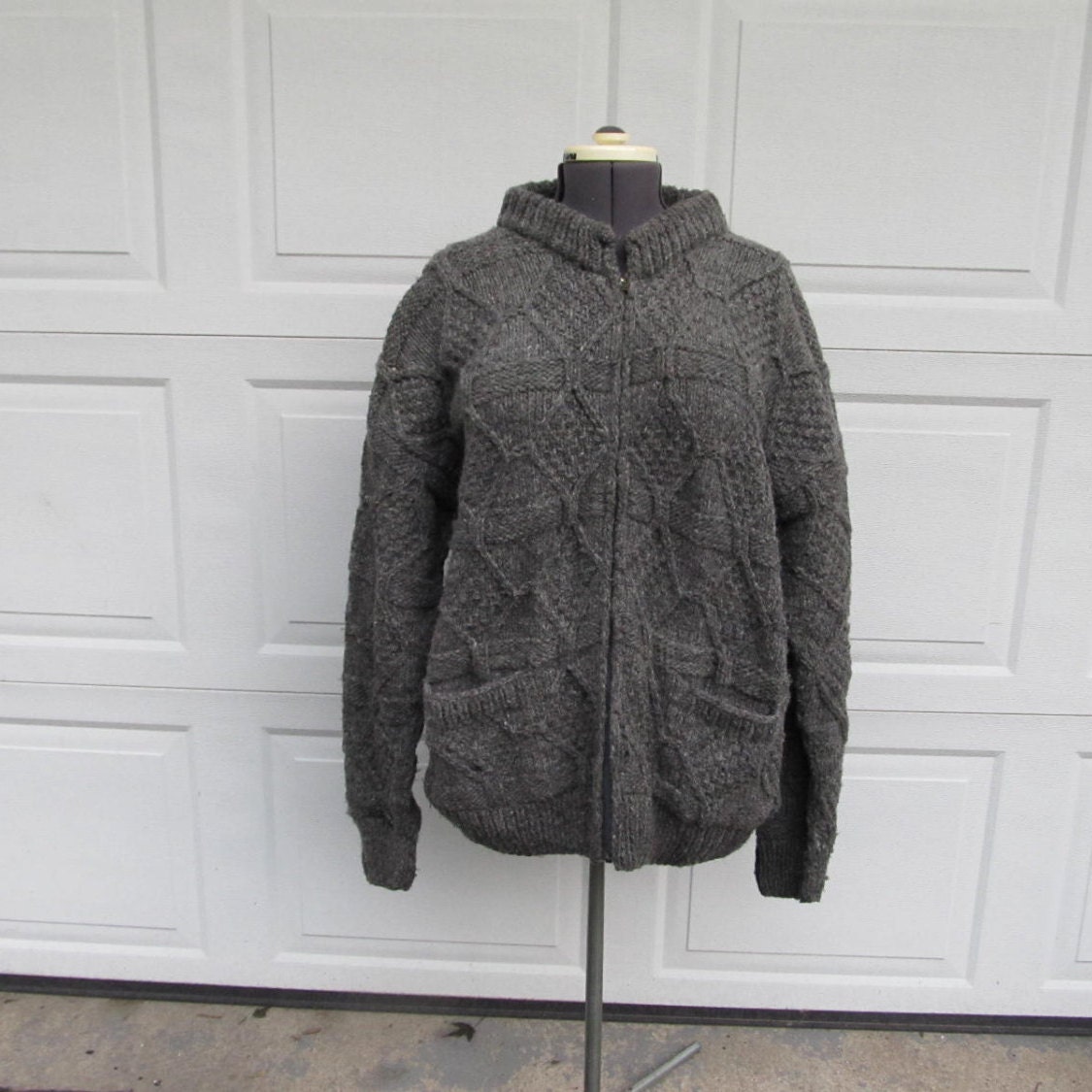 Vintage Chunky Knit Sweater Coat, Zip up Sweater, Gray Wool