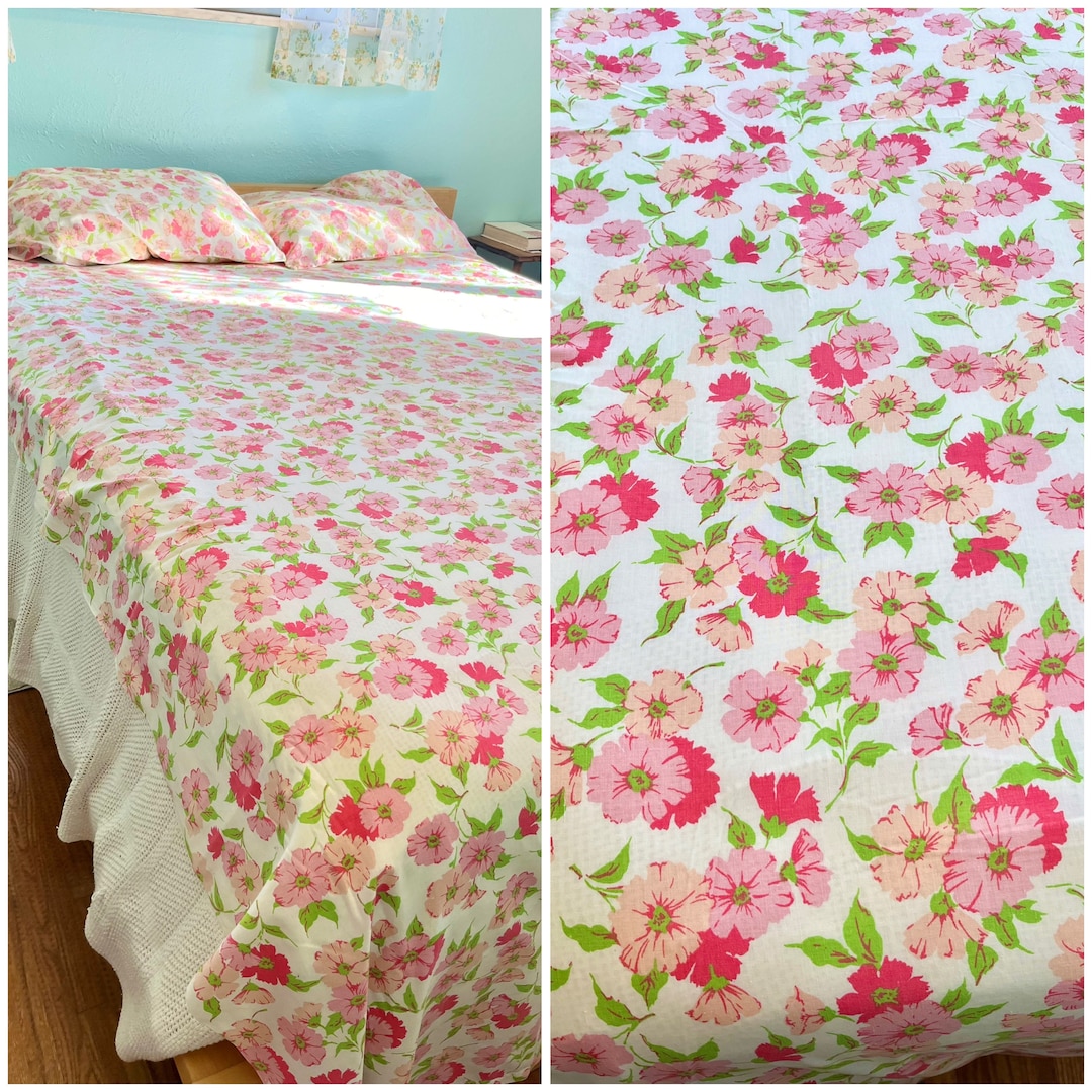 Pink Roses Sheets Vintage Pink and Magenta Rose Sheet Set, Flat Sheet, Fitted Sheet, 2 ...