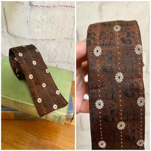 1960s vintage men&#39;s skinny tie, brown, black, cream, square end tie