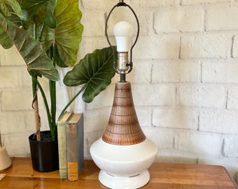 Vintage midcentury brown and white ceramic pottery lamp