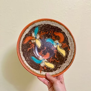 Vintage 1970s beautiful handmade pottery bowl, studio pottery, shallow bowl, orange, blue, brown, REPAIRED