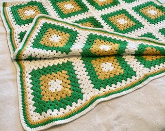 Vintage 1970s granny squares blanket, green and gold, small throw