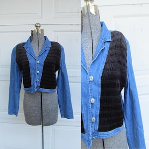 1980s/90s womens cropped denim jacket with black ribbed front, S/XS