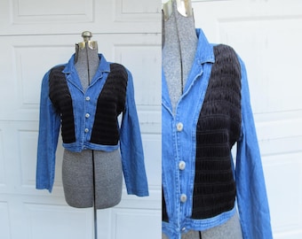 1980s/90s womens cropped denim jacket with black ribbed front, Nina Piccalino, metal buttons, S/XS