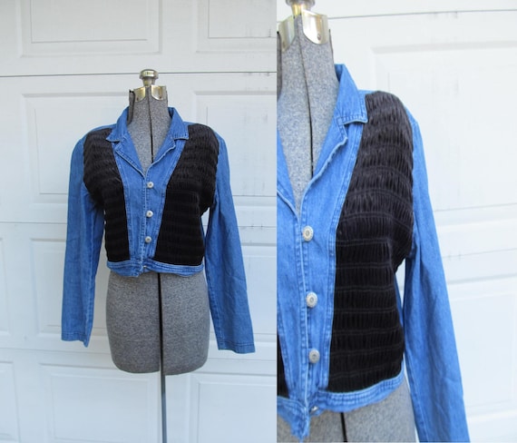 1980s/90s Womens Cropped Denim Jacket With Black Ribbed