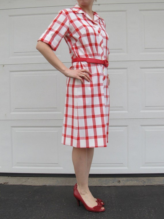 1960s large red gingham print picnic dress