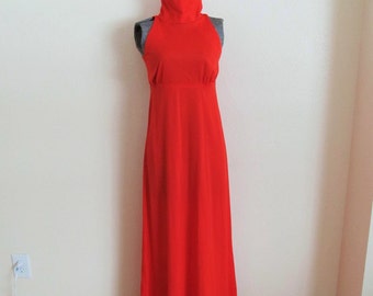 1970s bright red maxi dress, goddess dress, with cut out back and high neck, S