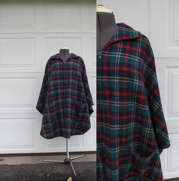 Vintage plaid wool cape, red, green, blue, Christm