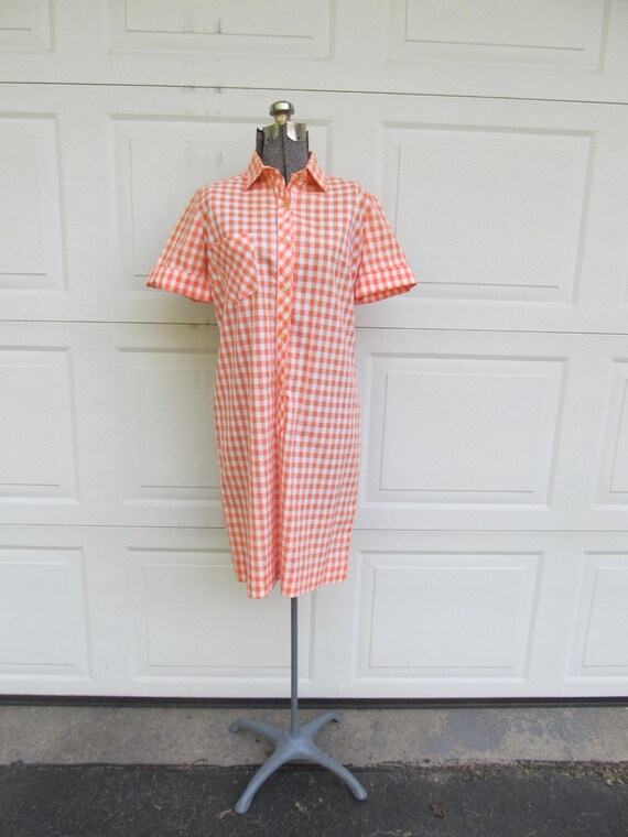 1960s vintage orange gingham picnic shirt dress, m