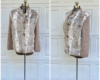1970s vintage faux fur sweater coat, fur coat with sweater sleeves, Small