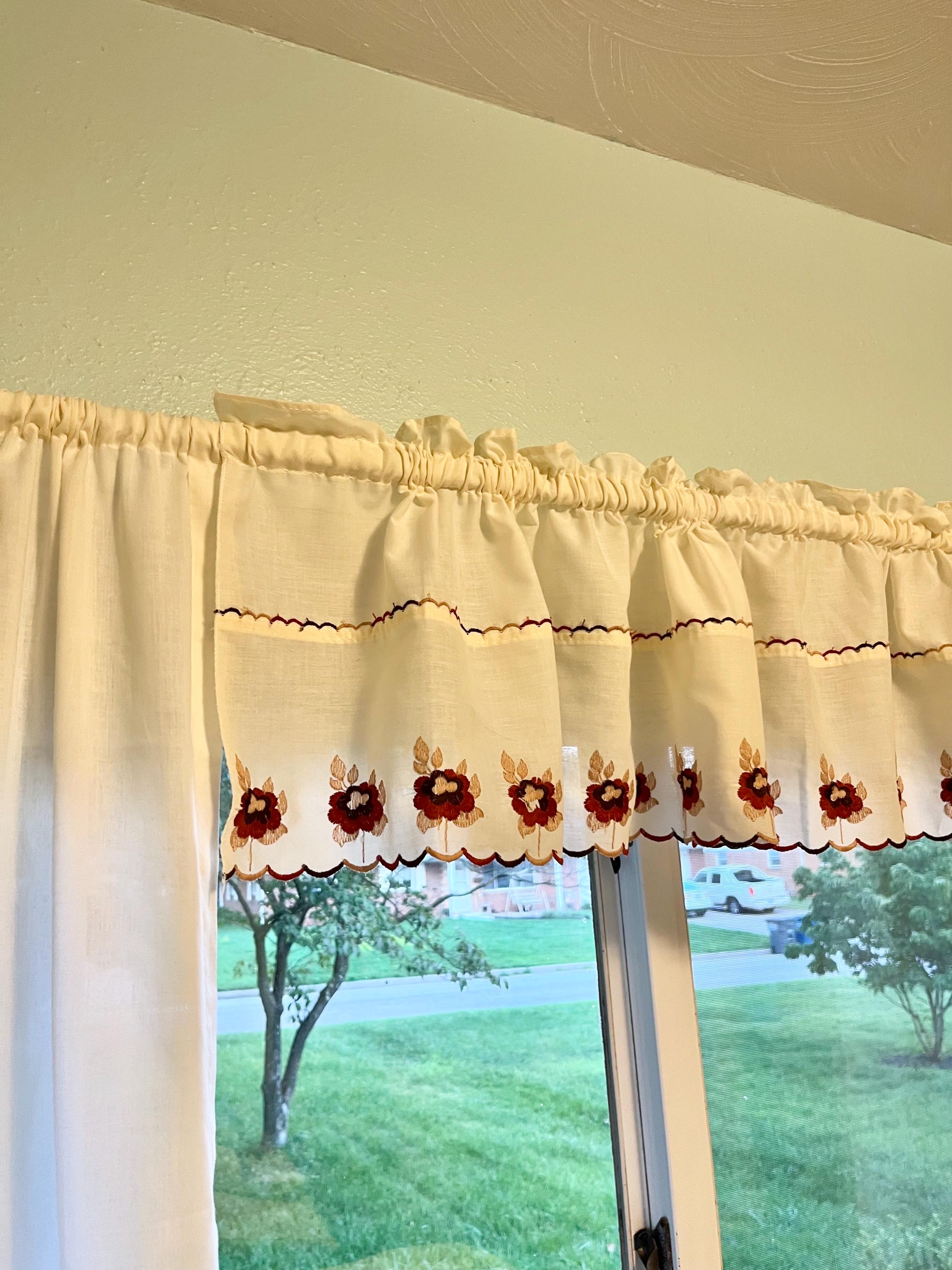 Vintage Cafe Curtains, 3 Panels, Brown Toned Embroidered Flowers - Etsy