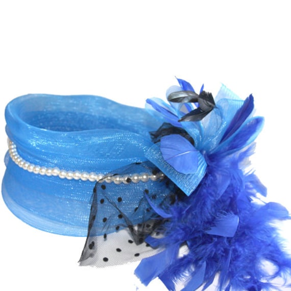 Blue Fascinator With Tulle and Pearls, Accented With Feather  display picture 3