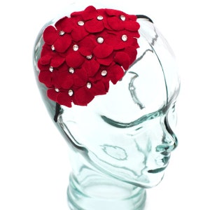 Headband accented with a felt flower and jewels, color Scarlet