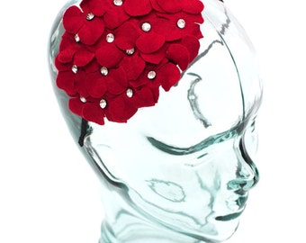 Headband accented with a felt flower and jewels, color Scarlet