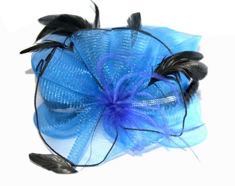Blue Fascinator with feathers and ribbon